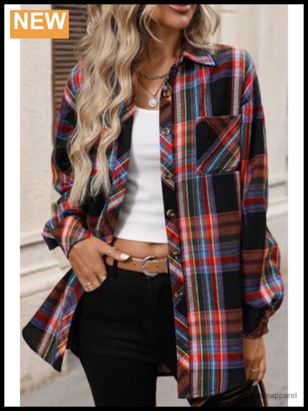 Women's Oversized Flannel Shirt Button Down Long Sleeve Plaid Shacket Blouse - Picture 2 of 6